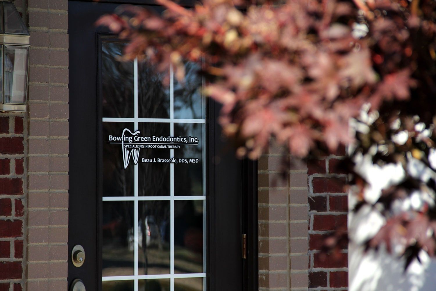 The front door of the practice in autumn, the practice name on the glass and a red maple beside it